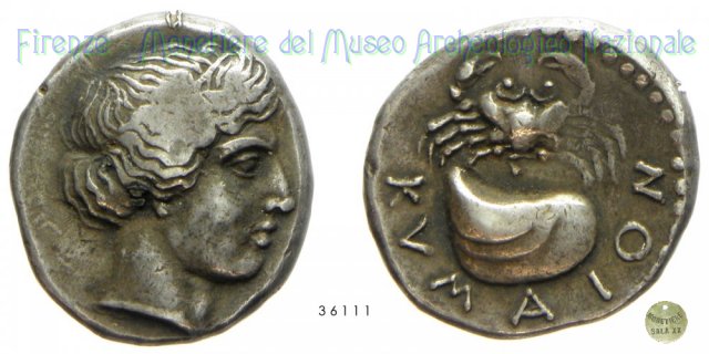 Didracma_Testa femminile-Cozza e granchio 430-420 a.C. (Cuma)