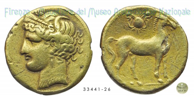 Tanit a sinistra _ Cavallo stante a destra sopra Oureus 255-241 a.C. (Cartagine)