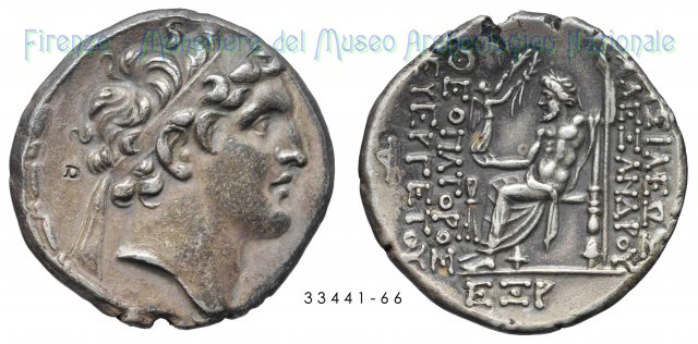 Testa Alessandro I_Zeus seduto con Vittoria 152-145 a.C. (Antiochia)