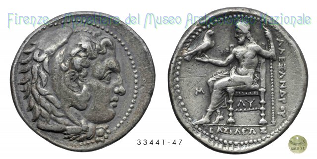 Testa di Eracle con copricapo leonino_Zeus seduto a sinistra 336-323 a.C.