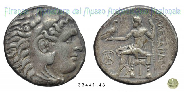 Testa di Eracle con copricapo leonino_Zeus seduto a sinistra 336-323 a.C.