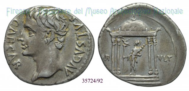 MAR- VLT / RIC 69b, tempio rotondo esastilo 19 a.C. (Colonia Patricia)