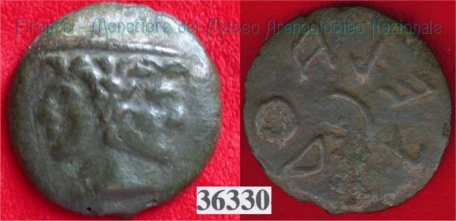 Testa di Culsans / segno di valore (HN Italy 108c) 299-200 a.C. (Velathri)