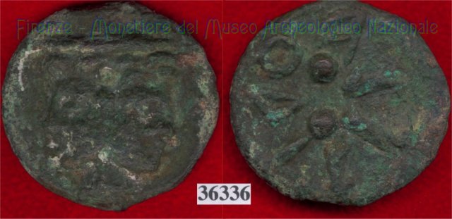 Testa di Culsans / segno di valore (HN Italy 108f) 299-200 a.C. (Velathri)