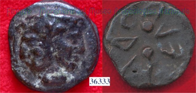 Testa di Culsans / segno di valore (HN Italy 108f) 299-200 a.C. (Velathri)