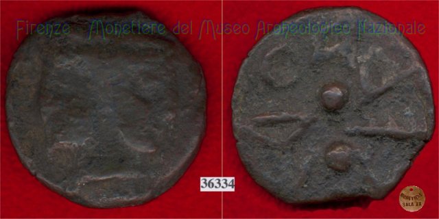 Testa di Culsans / segno di valore (HN Italy 108f) 299-200 a.C. (Velathri)