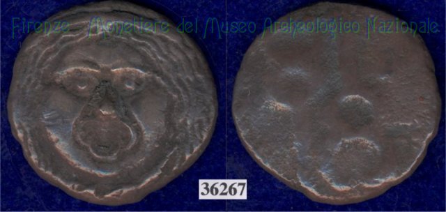 Testa di Metus / 2 caducei (HN Italy 150) 400 a.C. (Pupluna)