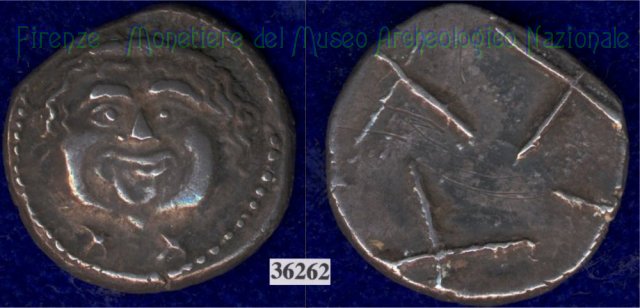 Testa di Metus / linee incrociate (HN Italy 151) 400 a.C. (Pupluna)