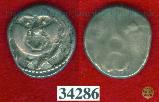 Testa di Metus / 2 caducei (HN Italy 150) 400 a.C. (Pupluna)