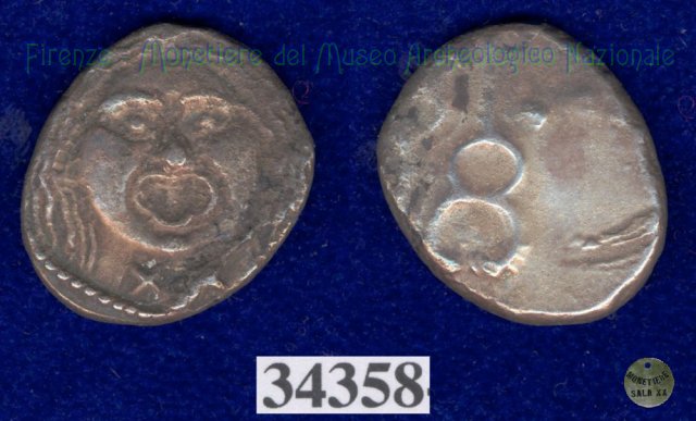 Testa di Metus / 2 caducei (HN Italy 150) 400 a.C. (Pupluna)