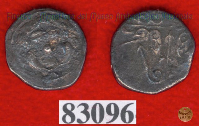 Testa di Metus / tridente e delfini (HN Italy 154) 400 a.C. (Pupluna)